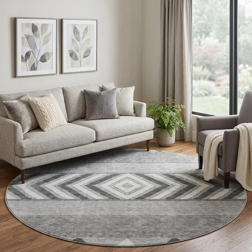 8' Gray Charcoal And Silver Southwestern Washable Round Rug With UV Protection Photo 1