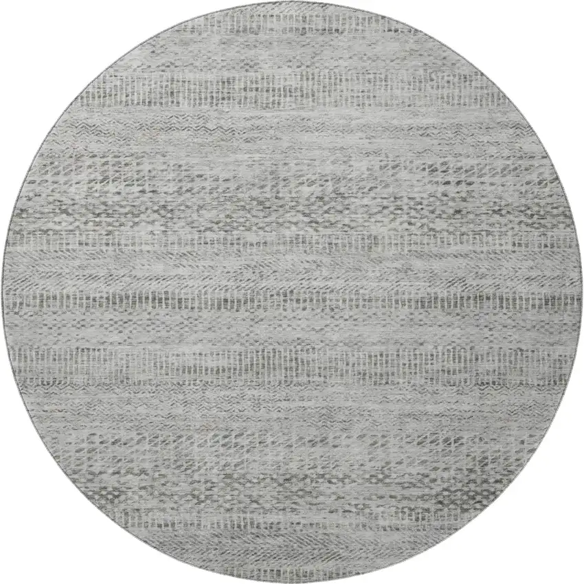 8' Gray Charcoal And Silver Striped Washable Round Rug With UV Protection Photo 3
