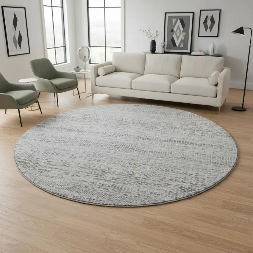 8' Gray Charcoal And Silver Striped Washable Round Rug With UV Protection Photo 2