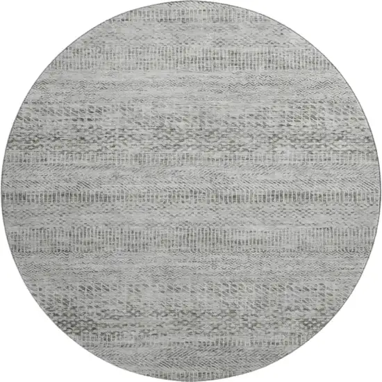 8' Gray Charcoal And Silver Striped Washable Round Rug With UV Protection Photo 1
