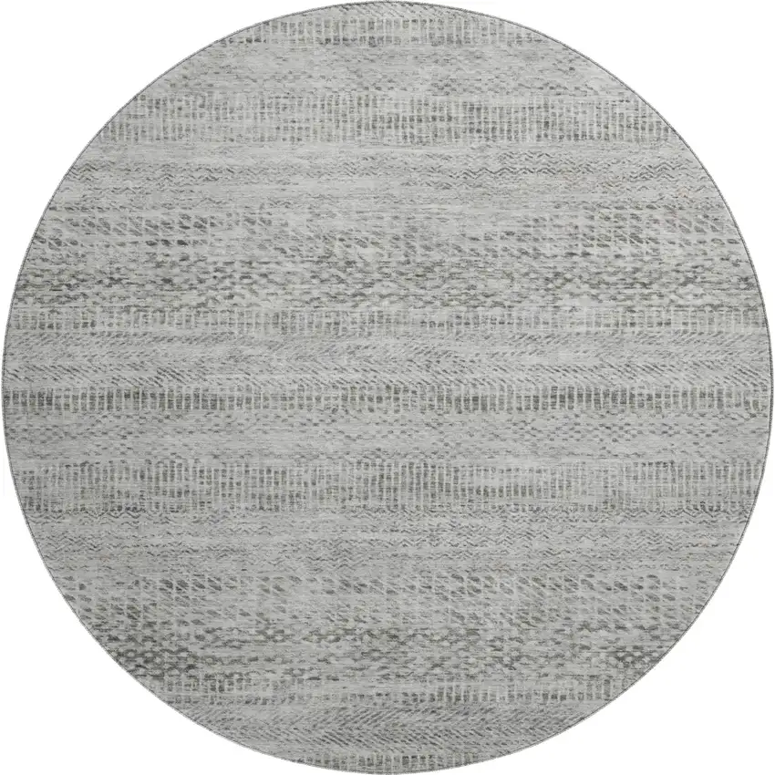 8' Gray Charcoal And Silver Striped Washable Round Rug With UV Protection Photo 1