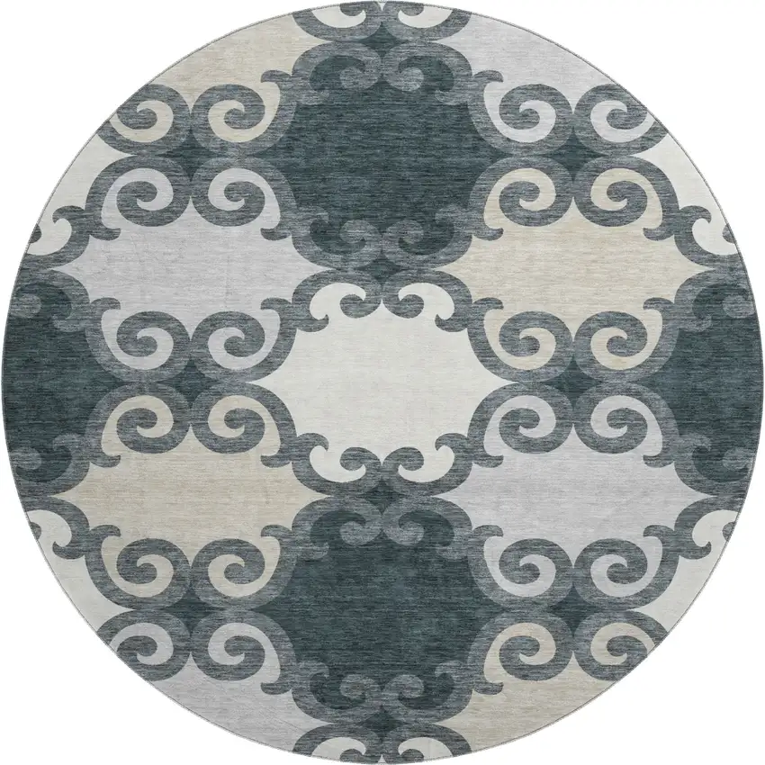 8' Gray Charcoal And Silver Trellis Washable Round Rug With UV Protection Photo 1