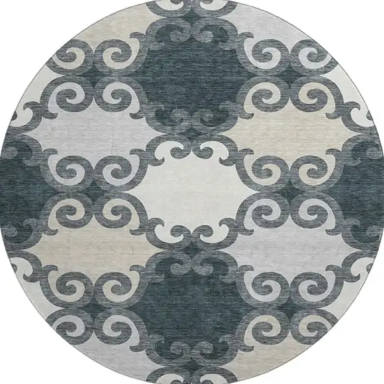 8' Gray Charcoal And Silver Trellis Washable Round Rug With UV Protection Photo 3