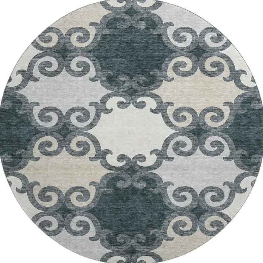 8' Gray Charcoal And Silver Trellis Washable Round Rug With UV Protection Photo 3