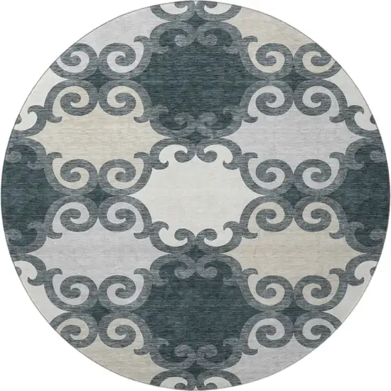 8' Gray Charcoal And Silver Trellis Washable Round Rug With UV Protection Photo 4
