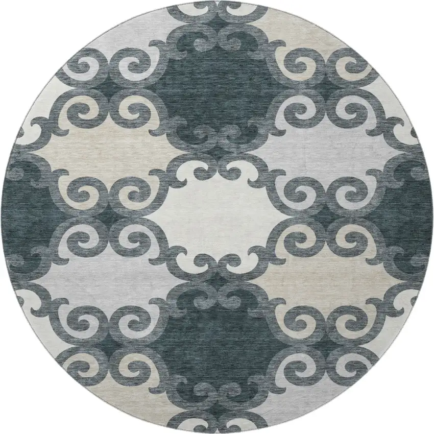 8' Gray Charcoal And Silver Trellis Washable Round Rug With UV Protection Photo 4