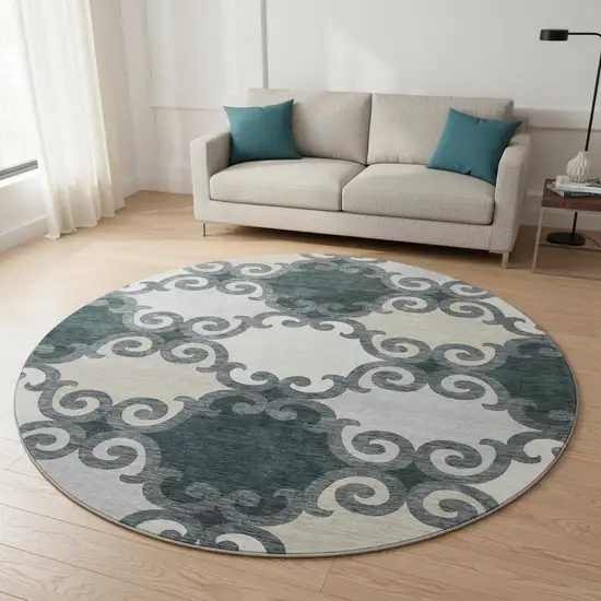 8' Gray Charcoal And Silver Trellis Washable Round Rug With UV Protection Photo 2