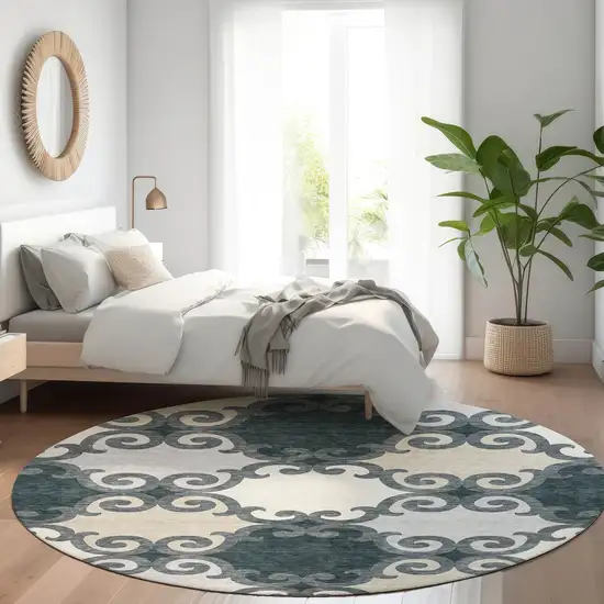 8' Gray Charcoal And Silver Trellis Washable Round Rug With UV Protection Photo 5