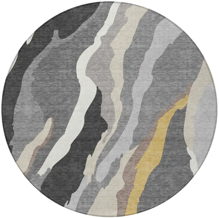 8' Gray Charcoal And Tan Round Abstract Washable Indoor Outdoor Area Rug Photo 6