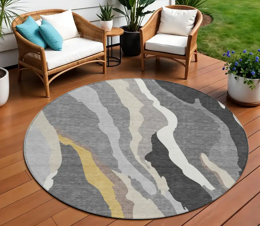 8' Gray Charcoal And Tan Round Abstract Washable Indoor Outdoor Area Rug Photo 1