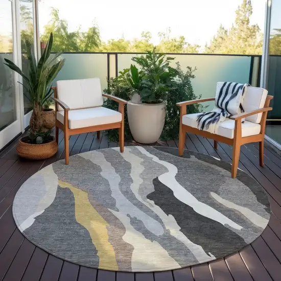 8' Gray Charcoal And Tan Round Abstract Washable Indoor Outdoor Area Rug Photo 7