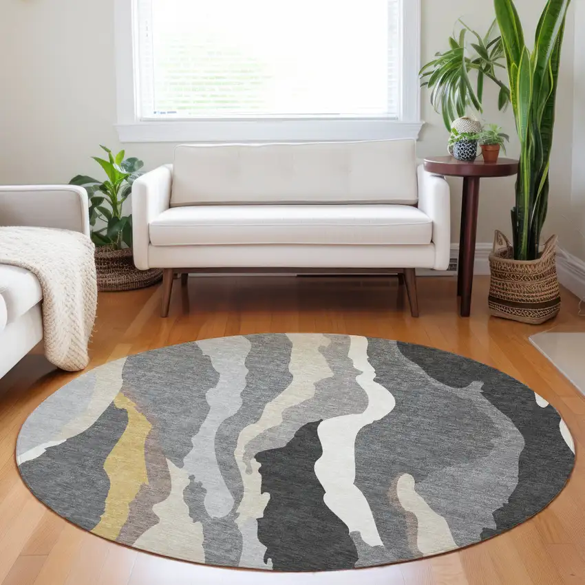 8' Gray Charcoal And Tan Round Abstract Washable Indoor Outdoor Area Rug Photo 8