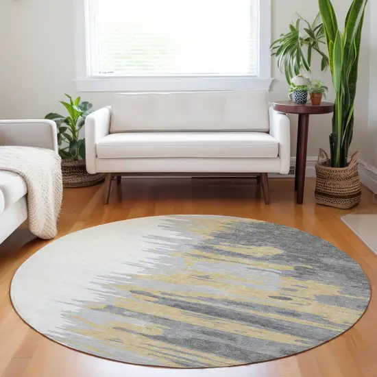 8' Gray Charcoal And Tan Round Abstract Washable Indoor Outdoor Area Rug Photo 9