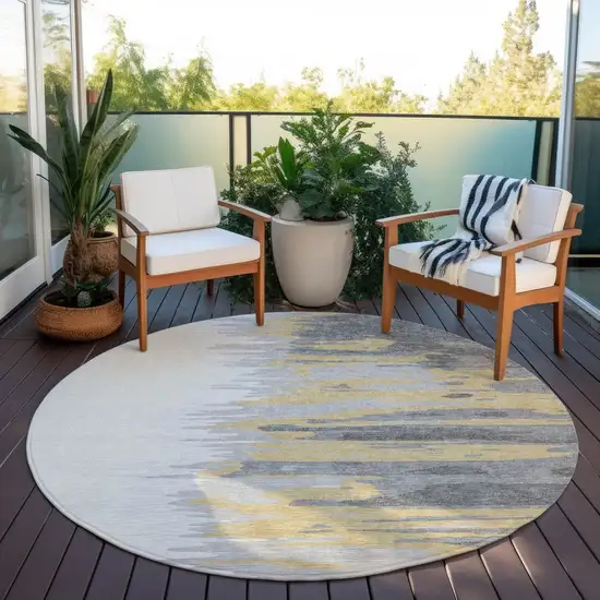 8' Gray Charcoal And Tan Round Abstract Washable Indoor Outdoor Area Rug Photo 8