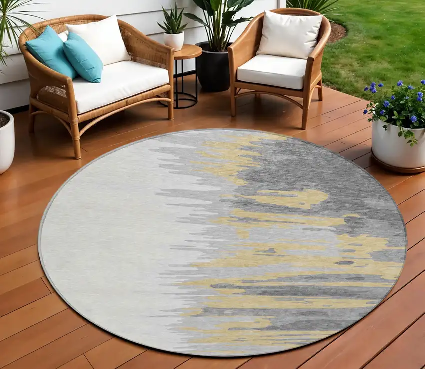 8' Gray Charcoal And Tan Round Abstract Washable Indoor Outdoor Area Rug Photo 1