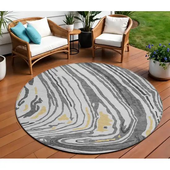 8' Gray Charcoal And Tan Round Abstract Washable Indoor Outdoor Area Rug Photo 1