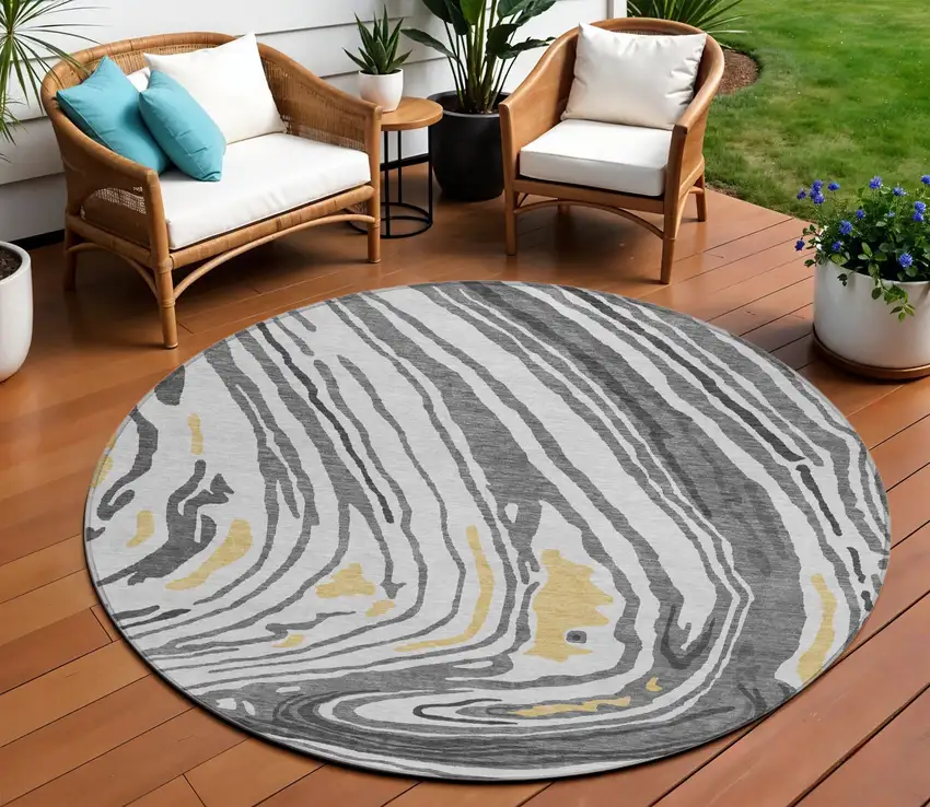 8' Gray Charcoal And Tan Round Abstract Washable Indoor Outdoor Area Rug Photo 1