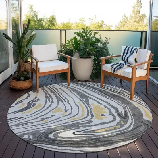 8' Gray Charcoal And Tan Round Abstract Washable Indoor Outdoor Area Rug Photo 7