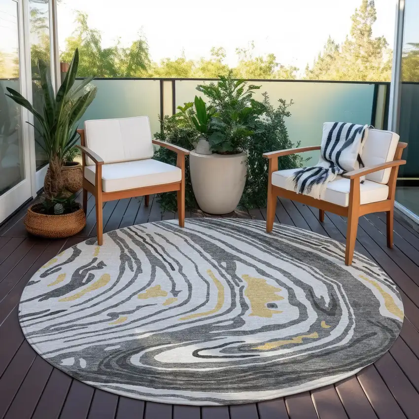 8' Gray Charcoal And Tan Round Abstract Washable Indoor Outdoor Area Rug Photo 7