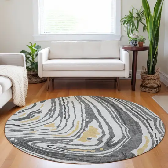 8' Gray Charcoal And Tan Round Abstract Washable Indoor Outdoor Area Rug Photo 8