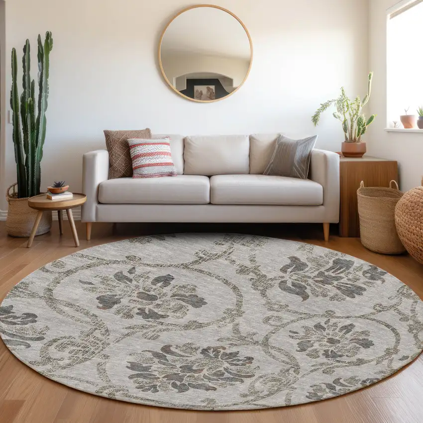8' Gray Charcoal And Taupe Round Floral Washable Indoor Outdoor Area Rug Photo 7