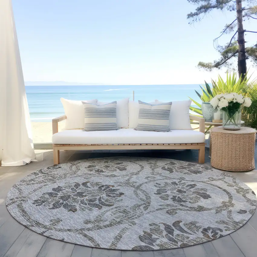 8' Gray Charcoal And Taupe Round Floral Washable Indoor Outdoor Area Rug Photo 6