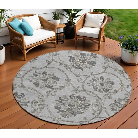 8' Gray Charcoal And Taupe Round Floral Washable Indoor Outdoor Area Rug Photo 1