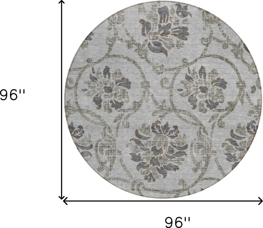 8' Gray Charcoal And Taupe Round Floral Washable Indoor Outdoor Area Rug Photo 8