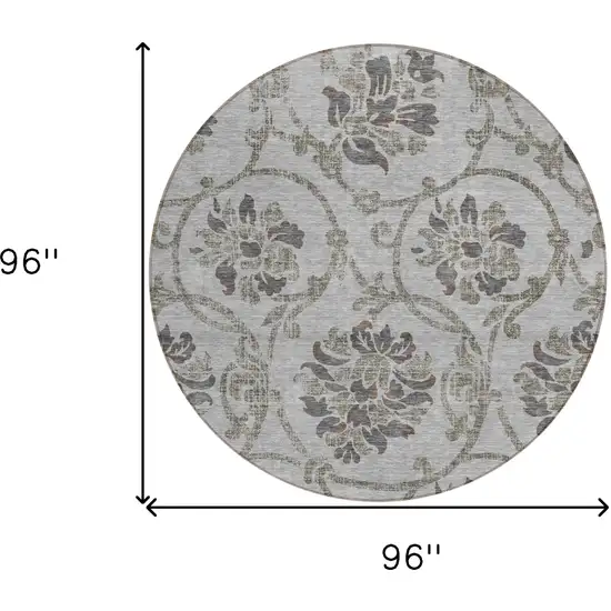 8' Gray Charcoal And Taupe Round Floral Washable Indoor Outdoor Area Rug Photo 8