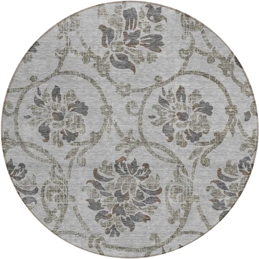 8' Gray Charcoal And Taupe Round Floral Washable Indoor Outdoor Area Rug Photo 1