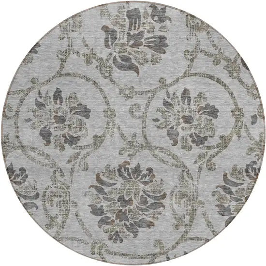 8' Gray Charcoal And Taupe Round Floral Washable Indoor Outdoor Area Rug Photo 1