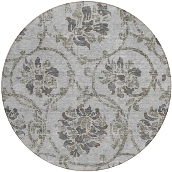 8' Gray Charcoal And Taupe Round Floral Washable Indoor Outdoor Area Rug Photo 1