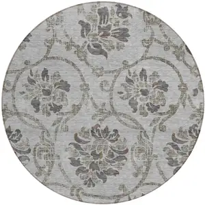 Photo of 8' Gray Charcoal And Taupe Round Floral Washable Indoor Outdoor Area Rug