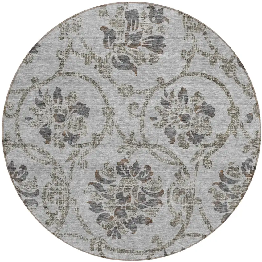 8' Gray Charcoal And Taupe Round Floral Washable Indoor Outdoor Area Rug Photo 1