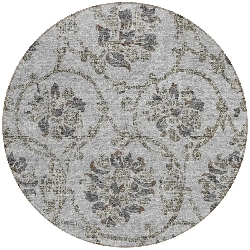 8' Gray Charcoal And Taupe Round Floral Washable Indoor Outdoor Area Rug Photo 4