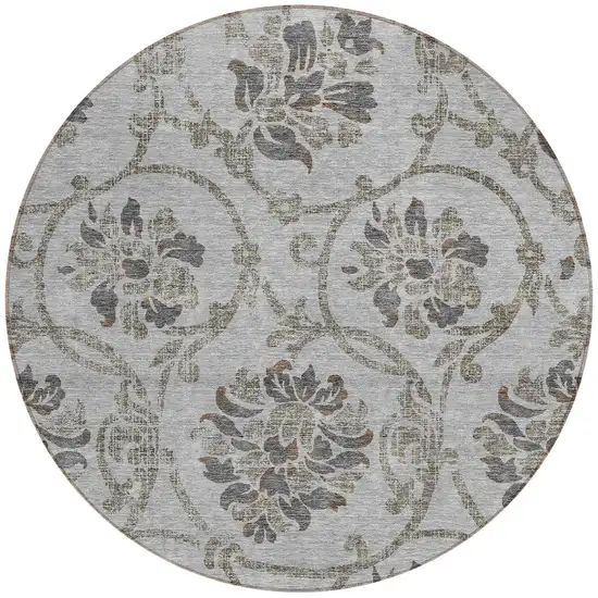 8' Gray Charcoal And Taupe Round Floral Washable Indoor Outdoor Area Rug Photo 4