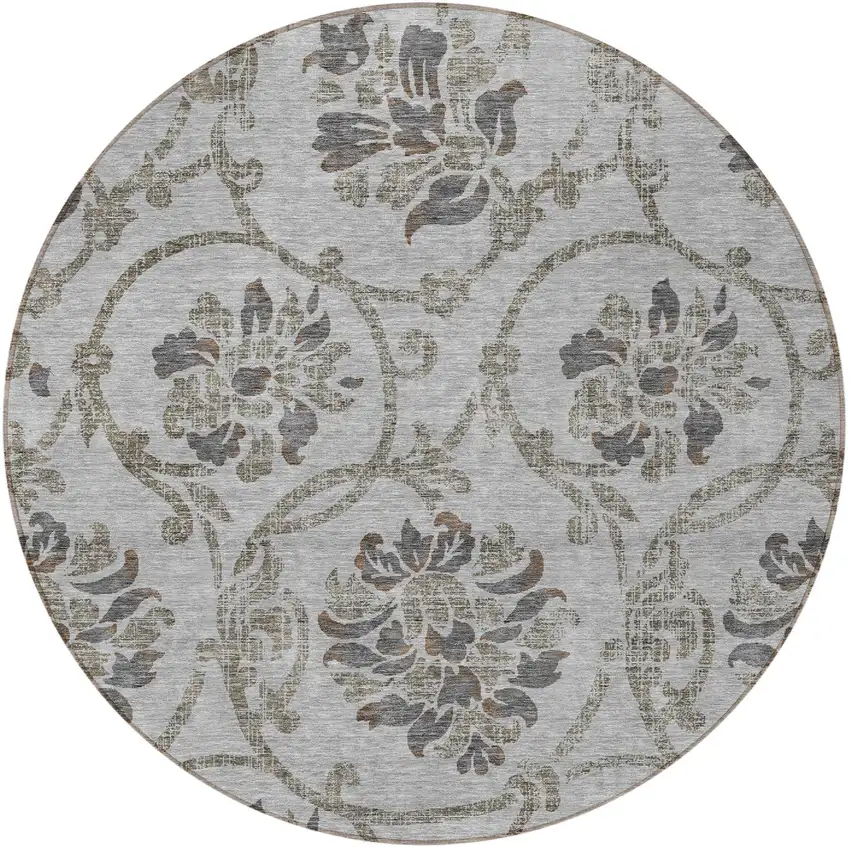 8' Gray Charcoal And Taupe Round Floral Washable Indoor Outdoor Area Rug Photo 5