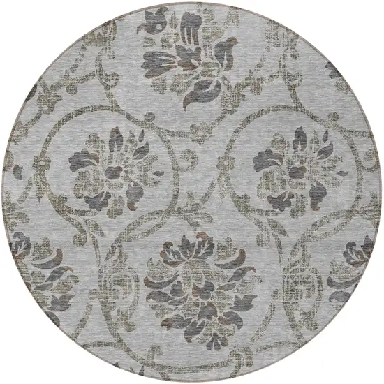 8' Gray Charcoal And Taupe Round Floral Washable Indoor Outdoor Area Rug Photo 5