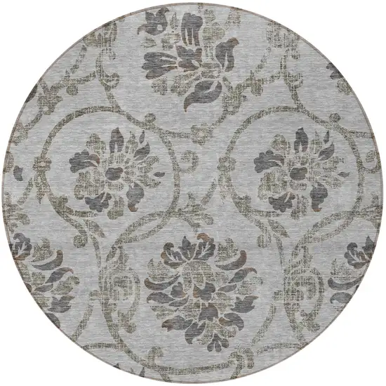 8' Gray Charcoal And Taupe Round Floral Washable Indoor Outdoor Area Rug Photo 5