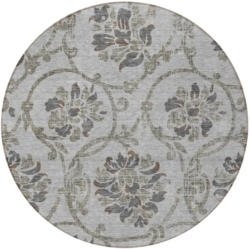 8' Gray Charcoal And Taupe Round Floral Washable Indoor Outdoor Area Rug Photo 5