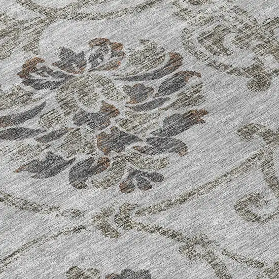8' Gray Charcoal And Taupe Round Floral Washable Indoor Outdoor Area Rug Photo 9