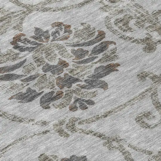 8' Gray Charcoal And Taupe Round Floral Washable Indoor Outdoor Area Rug Photo 9