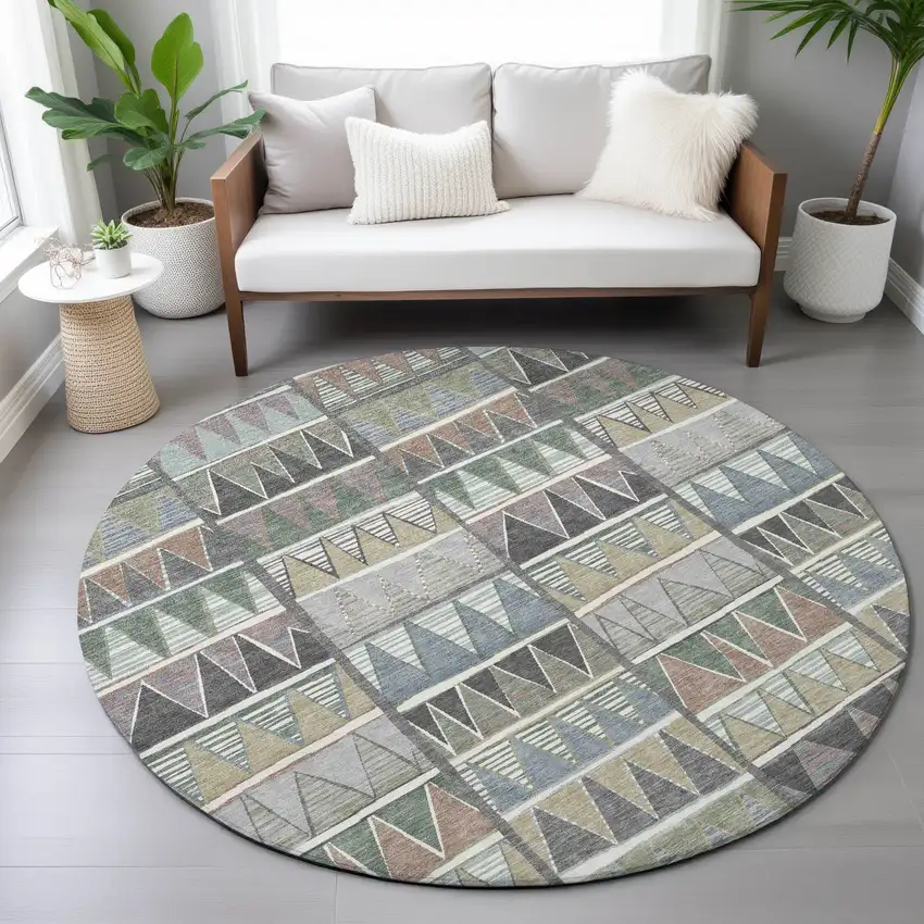 8' Gray Charcoal Wheat And Copper Round Geometric Washable Indoor Outdoor Area Rug Photo 8