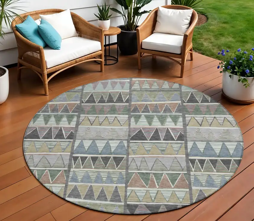8' Gray Charcoal Wheat And Copper Round Geometric Washable Indoor Outdoor Area Rug Photo 2