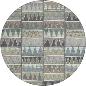 Photo of 8' Gray Charcoal Wheat And Copper Round Geometric Washable Indoor Outdoor Area Rug