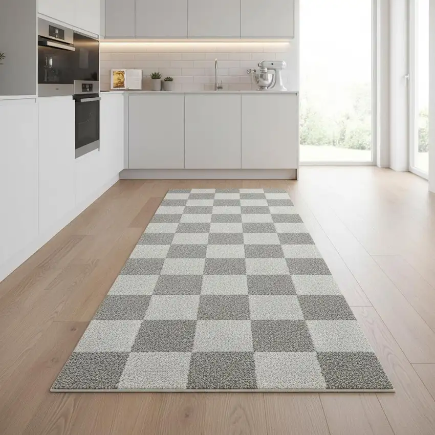 8' Gray Checkered Runner Rug Photo 1