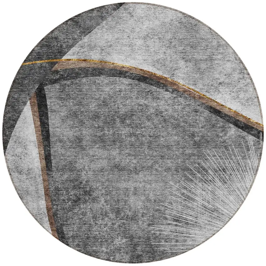 8' Gray Chocolate And Silver Round Abstract Washable Indoor Outdoor Area Rug Photo 5