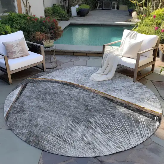 8' Gray Chocolate And Silver Round Abstract Washable Indoor Outdoor Area Rug Photo 6