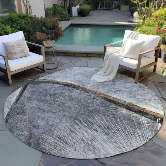 8' Gray Chocolate And Silver Round Abstract Washable Indoor Outdoor Area Rug Photo 6