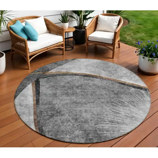 8' Gray Chocolate And Silver Round Abstract Washable Indoor Outdoor Area Rug Photo 1